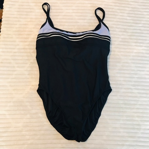 Trimshaper Black Blue White Stripe Double Strap One Piexe Swimsuit Plus size 16 - Picture 1 of 6